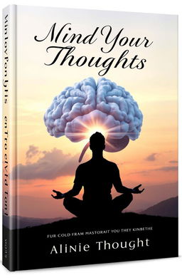 A visually striking book cover for a title "Mind Your Thoughts" featuring a serene landscape with a large, intricate brain made of clouds in the sky