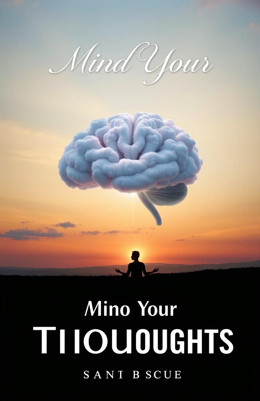 A visually striking book cover for a title "Mind Your Thoughts" featuring a serene landscape with a large, intricate brain made of clouds in the sky