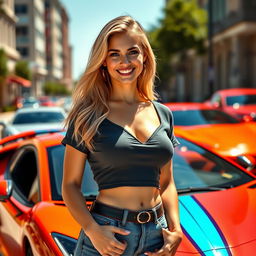 A 21-year-old blonde woman with big breasts, wearing a stylish short shirt, confidently standing in front of a vibrant, exotic sports car