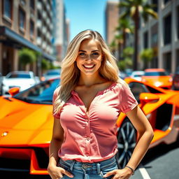 A 21-year-old blonde woman with big breasts, wearing a stylish short shirt, confidently standing in front of a vibrant, exotic sports car