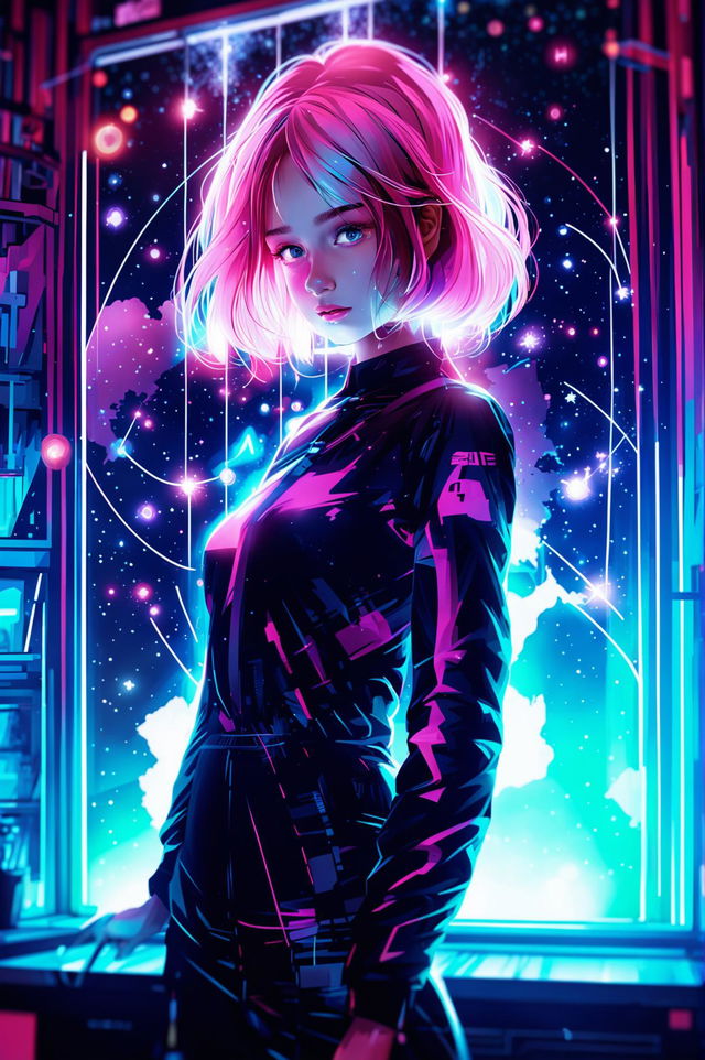 A pink-haired girl navigating a 3D star map projection hologram in a cyberpunk-style room.