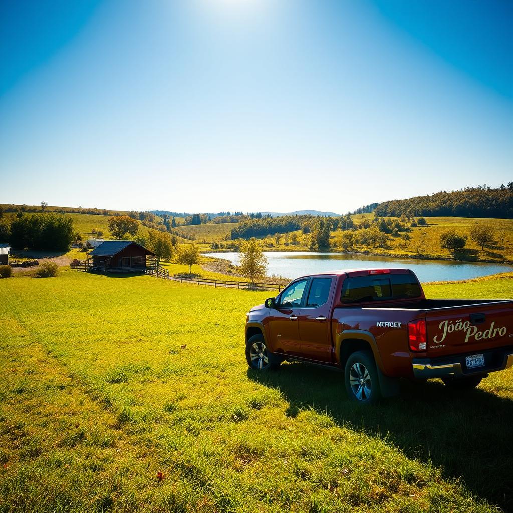 A beautiful landscape featuring a picturesque farm with a charming cabin nestled in the greenery