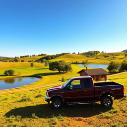 A beautiful landscape featuring a picturesque farm with a charming cabin nestled in the greenery