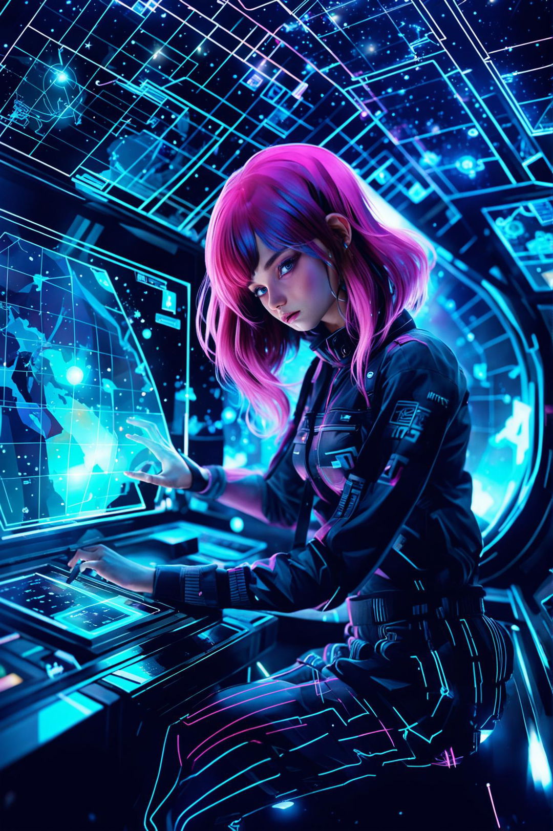 A neon pink-haired girl navigating a 3D holographic star map in a cyberpunk spaceship, captured in a wide-angle HD shot with cinematic lighting