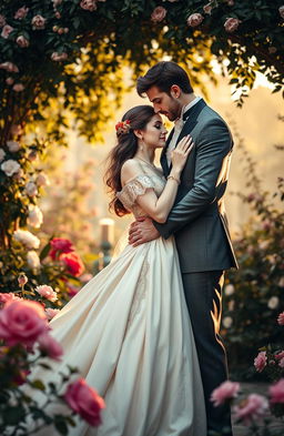 A romantic Victorian era couple, featuring a beautiful woman in an elegant gown and a handsome man in a tailored suit, set against an ornate Victorian backdrop