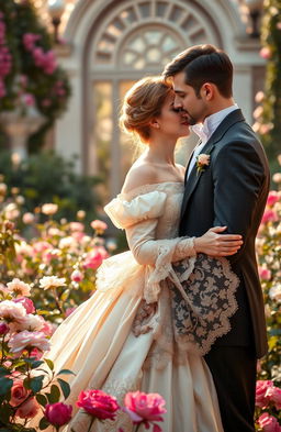A romantic Victorian era couple, featuring a beautiful woman in an elegant gown and a handsome man in a tailored suit, set against an ornate Victorian backdrop