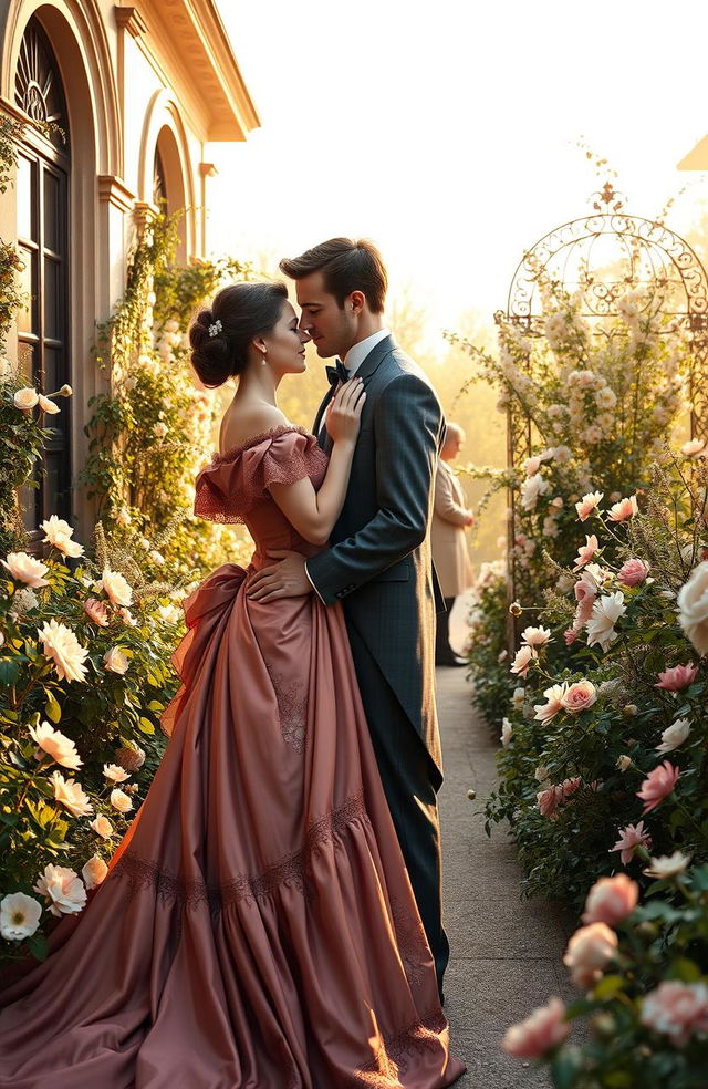 A romantic Victorian era couple, featuring a beautiful woman in an elegant gown and a handsome man in a tailored suit, set against an ornate Victorian backdrop