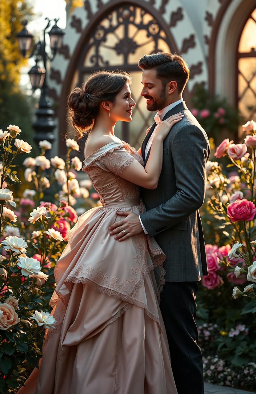 A romantic Victorian era couple, featuring a beautiful woman in an elegant gown and a handsome man in a tailored suit, set against an ornate Victorian backdrop