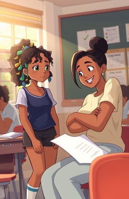 A heartfelt illustration capturing a warm, nostalgic moment between two young women, Zafianne and Keisha, in a school setting