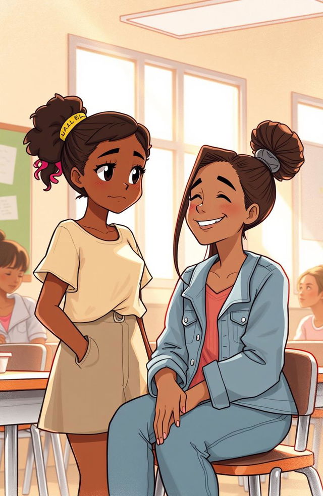 A heartfelt illustration capturing a warm, nostalgic moment between two young women, Zafianne and Keisha, in a school setting