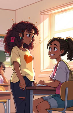 A heartfelt illustration capturing a warm, nostalgic moment between two young women, Zafianne and Keisha, in a school setting