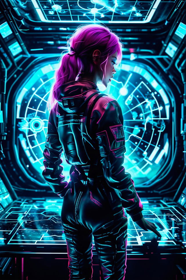 A full back profile HD cinematic photograph of a neon pink-haired girl navigating a 3D holographic star map in a cyberpunk spaceship