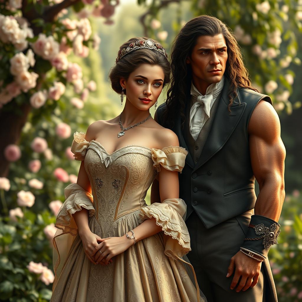 A photorealistic illustration of Lady Jane as a Regency lady, adorned in a beautiful and intricate wedding dress, standing elegantly next to a 21-year-old Tarzan in England during the 1860s