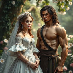 A photorealistic illustration of Lady Jane as a Regency lady, adorned in a beautiful and intricate wedding dress, standing elegantly next to a 21-year-old Tarzan in England during the 1860s