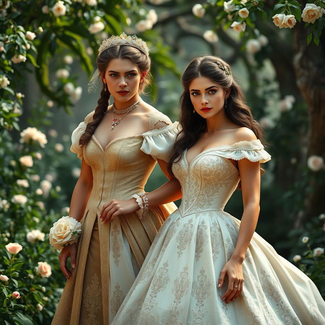 A photorealistic illustration of Lady Jane as a Regency lady, adorned in a beautiful and intricate wedding dress, standing elegantly next to a 21-year-old Tarzan in England during the 1860s