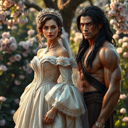 A photorealistic illustration of Lady Jane as a Regency lady, adorned in a beautiful and intricate wedding dress, standing elegantly next to a 21-year-old Tarzan in England during the 1860s