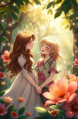 A whimsical scene depicting two close friends in an enchanting, dreamlike forest