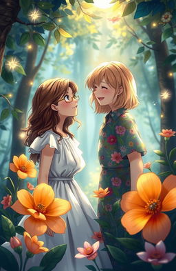 A whimsical scene depicting two close friends in an enchanting, dreamlike forest