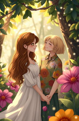 A whimsical scene depicting two close friends in an enchanting, dreamlike forest