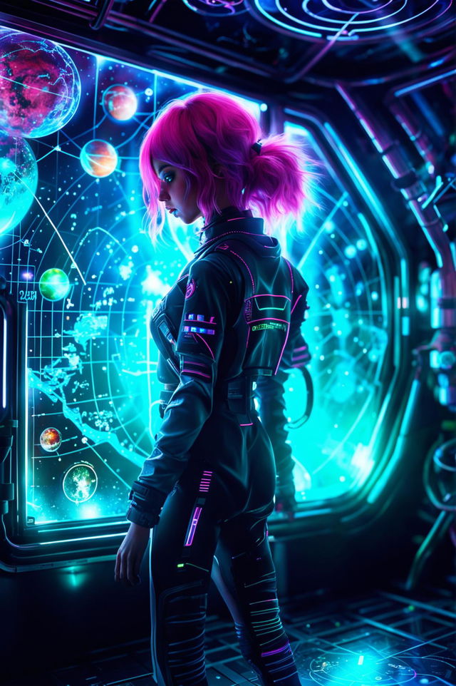 A full back profile HD cinematic photograph of a neon pink-haired girl navigating a neon holographic map of the solar system in a cyberpunk spaceship