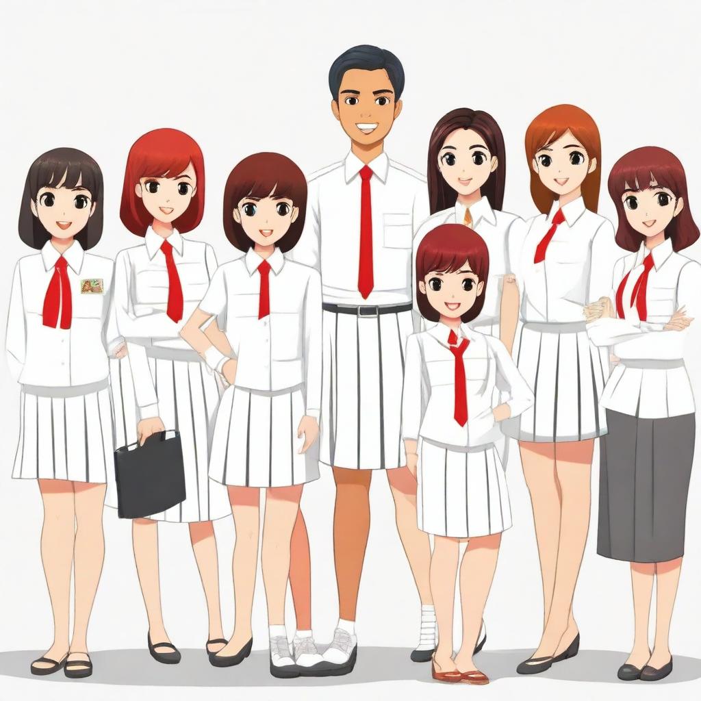 An Indonesian high school scene with a young man in a white uniform shirt and a trendy block red haircut surrounded by five diverse female peers in tight white shirts, long trousers and either long skirts with headscarves or short skirts