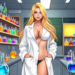 An illustration of a confident woman with large breasts, wearing nothing but a white lab coat, featuring long, flowing blonde hair