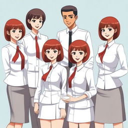 An Indonesian high school scene with a young man in a white uniform shirt and a trendy block red haircut surrounded by five diverse female peers in tight white shirts, long trousers and either long skirts with headscarves or short skirts