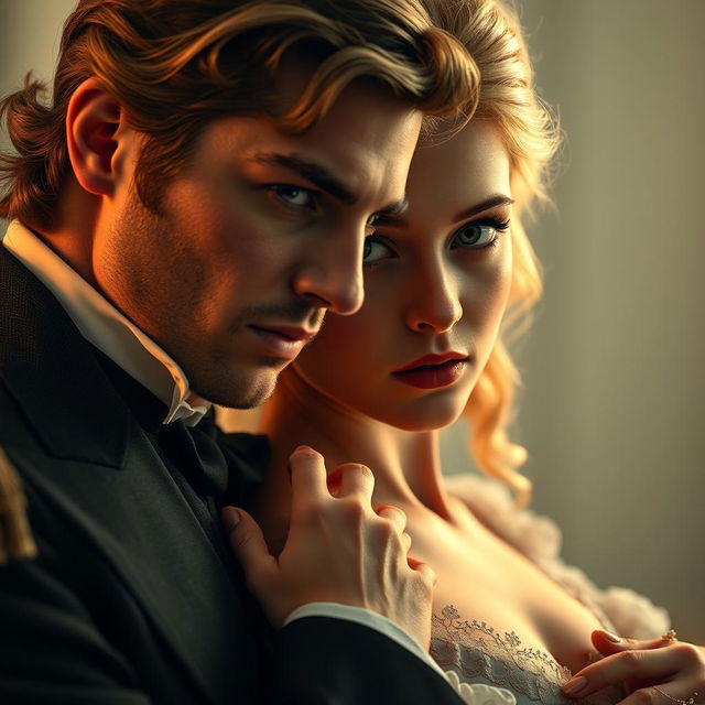 A cinematic film still of an ultra-fine, UHD masterpiece blending historical romance with reality, featuring a beautiful blonde woman and a handsome duke, both highlighted with impeccable eyes and intricately detailed faces against a light background