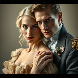 A cinematic film still of an ultra-fine, UHD masterpiece blending historical romance with reality, featuring a beautiful blonde woman and a handsome duke, both highlighted with impeccable eyes and intricately detailed faces against a light background