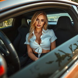 A 21-year-old blonde woman with big breasts, wearing a short shirt and a stylish short skirt, is sitting comfortably inside a luxurious Lamborghini