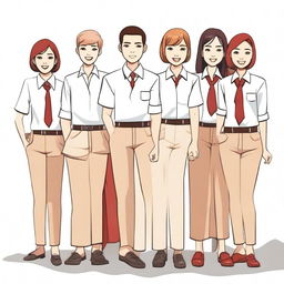 An Indonesian high school scene with a young man in a white uniform shirt and a trendy block red haircut surrounded by five diverse female peers in tight white shirts, long trousers and either long skirts with headscarves or short skirts