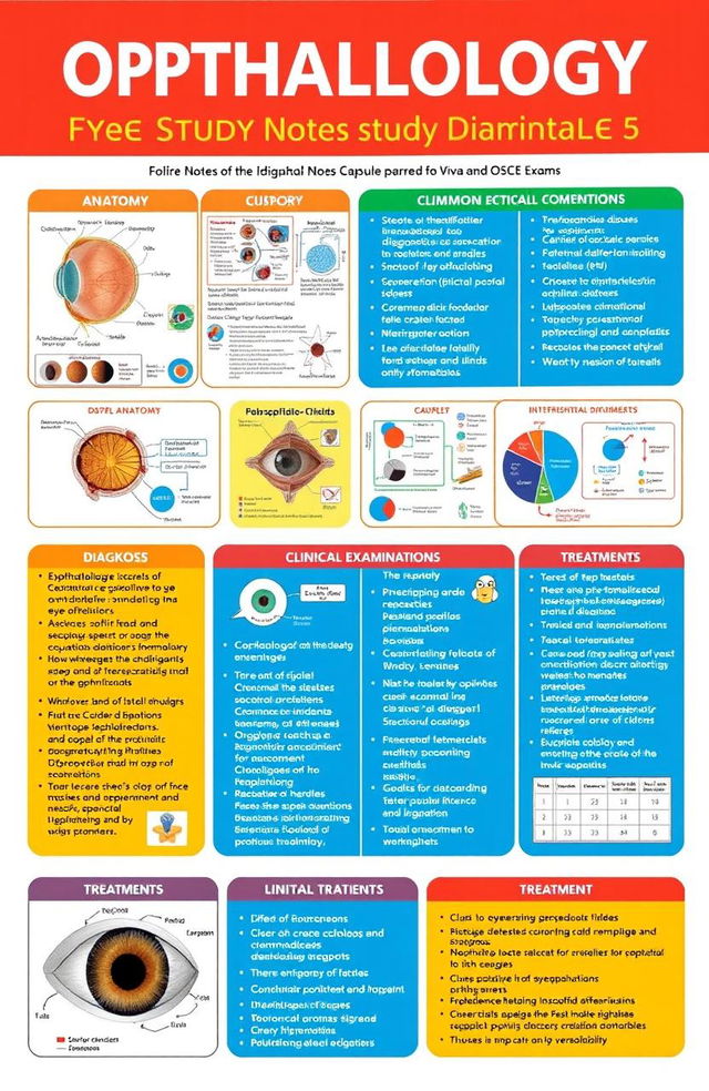 A well-organized study capsule for Ophthalmology, featuring detailed notes and diagrams on various topics such as eye anatomy, common ocular diseases, diagnostic procedures, and clinical examination techniques