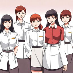 An Indonesian high school scene with a young man in a white uniform shirt and a trendy block red haircut surrounded by five diverse female peers in tight white shirts, long trousers and either long skirts with headscarves or short skirts