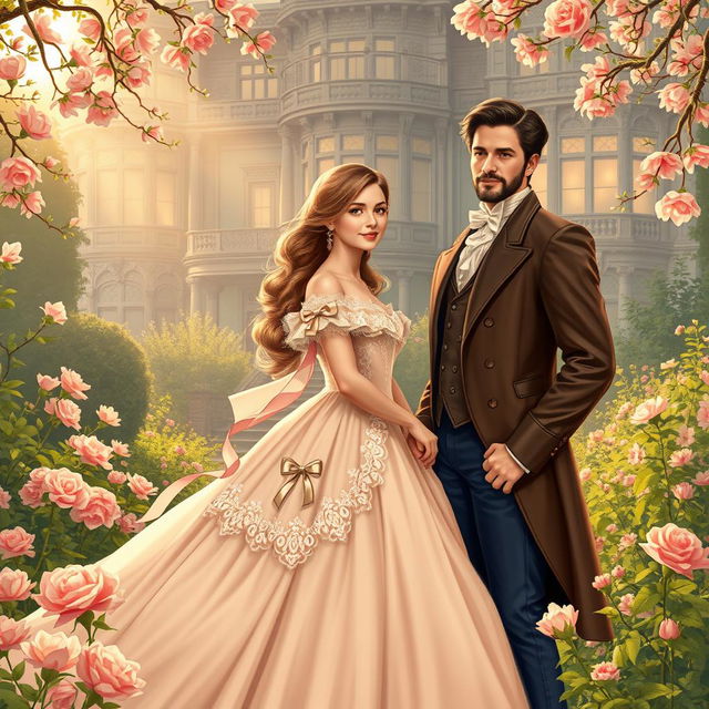 Cover art illustration for a historical romance set in the Victorian Era, featuring an enchanting scene of a couple in love