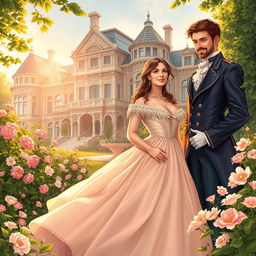 Cover art illustration for a historical romance set in the Victorian Era, featuring an enchanting scene of a couple in love
