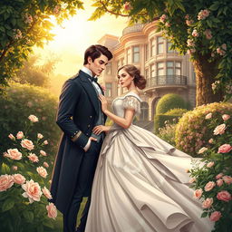 Cover art illustration for a historical romance set in the Victorian Era, featuring an enchanting scene of a couple in love
