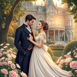 Cover art illustration for a historical romance set in the Victorian Era, featuring an enchanting scene of a couple in love