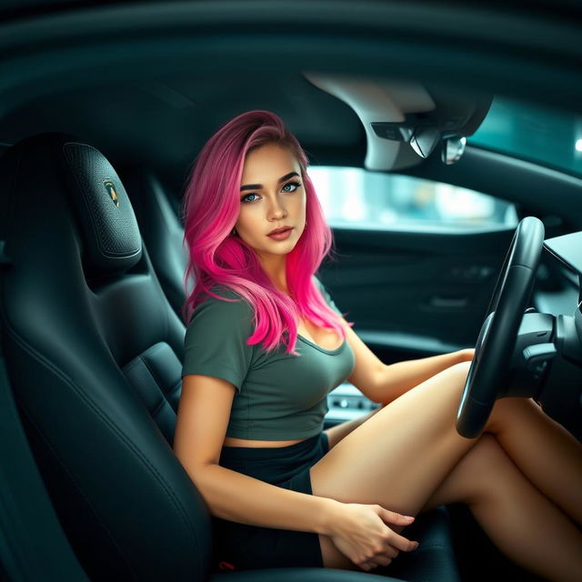 A 21-year-old woman with vibrant pink hair and an attractive appearance, wearing a stylish short shirt and a skirt, is sitting inside a luxurious Lamborghini