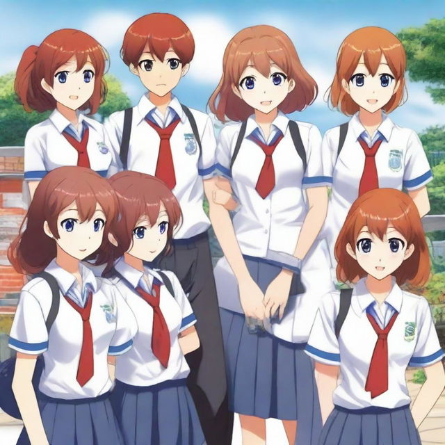 An anime-style illustration of six Indonesian high school students in uniform; a red-haired boy and five girls each with unique characteristics from sweet smiles, musical talent, wisdom, cooking skill, to computer proficiency