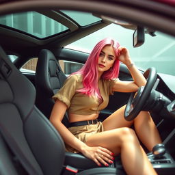 A 21-year-old woman with vibrant pink hair and an attractive appearance, wearing a stylish short shirt and a skirt, is sitting inside a luxurious Lamborghini