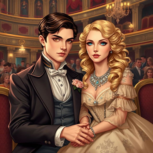 Cover art illustration for a historical romance set in the Victorian Era, depicting a captivating scene at the opera featuring a young, gorgeous Regency aristocrat duke with short dark brown hair and warm brown eyes, seated beside a stunning young duchess with long, curly light golden blonde hair and striking blue eyes