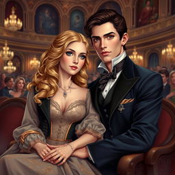 Cover art illustration for a historical romance set in the Victorian Era, depicting a captivating scene at the opera featuring a young, gorgeous Regency aristocrat duke with short dark brown hair and warm brown eyes, seated beside a stunning young duchess with long, curly light golden blonde hair and striking blue eyes