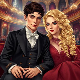 Cover art illustration for a historical romance set in the Victorian Era, depicting a captivating scene at the opera featuring a young, gorgeous Regency aristocrat duke with short dark brown hair and warm brown eyes, seated beside a stunning young duchess with long, curly light golden blonde hair and striking blue eyes