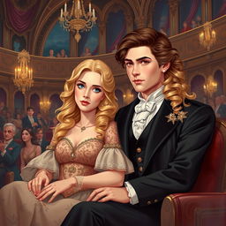 Cover art illustration for a historical romance set in the Victorian Era, depicting a captivating scene at the opera featuring a young, gorgeous Regency aristocrat duke with short dark brown hair and warm brown eyes, seated beside a stunning young duchess with long, curly light golden blonde hair and striking blue eyes