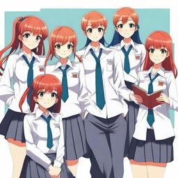 An anime-style illustration of six Indonesian high school students in uniform; a red-haired boy and five girls each with unique characteristics from sweet smiles, musical talent, wisdom, cooking skill, to computer proficiency