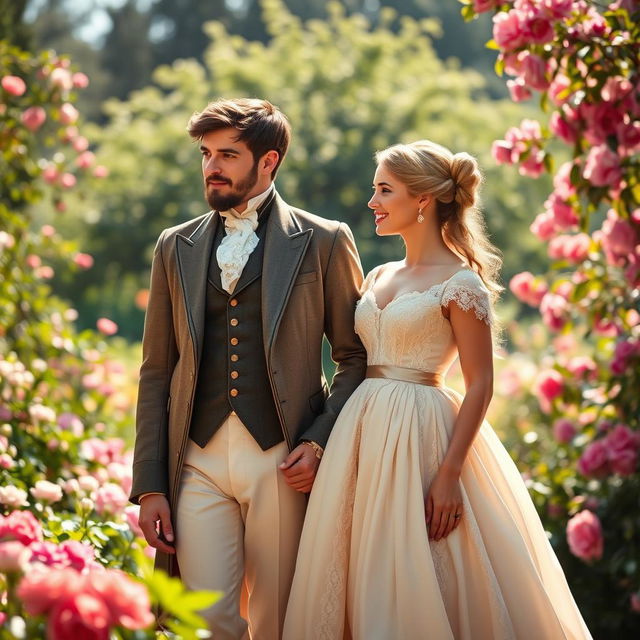 An enchanting scene featuring a handsome man and a beautiful woman dressed in exquisite Regency era clothing