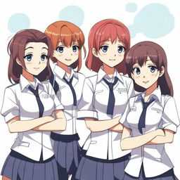 An anime-style illustration of six Indonesian high school students in uniform; a red-haired boy and five girls each with unique characteristics from sweet smiles, musical talent, wisdom, cooking skill, to computer proficiency