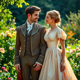An enchanting scene featuring a handsome man and a beautiful woman dressed in exquisite Regency era clothing