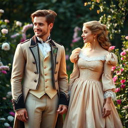 An enchanting scene featuring a handsome man and a beautiful woman dressed in exquisite Regency era clothing