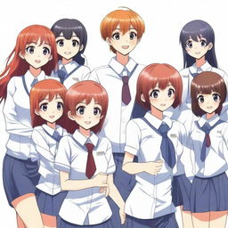 An anime-style illustration of six Indonesian high school students in uniform; a red-haired boy and five girls each with unique characteristics from sweet smiles, musical talent, wisdom, cooking skill, to computer proficiency